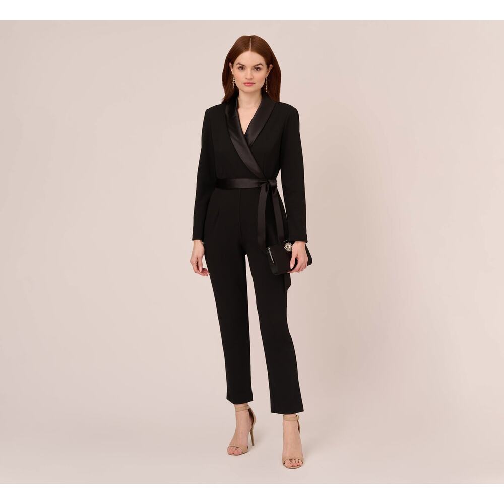 Adrianna Papell black Faux-Wrap Crepe Jumpsuit sz 2 formal